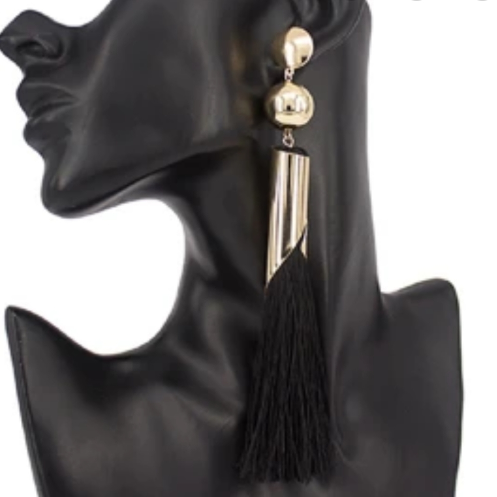 Black Fabric Tassel w/ Gold Accents Earrings